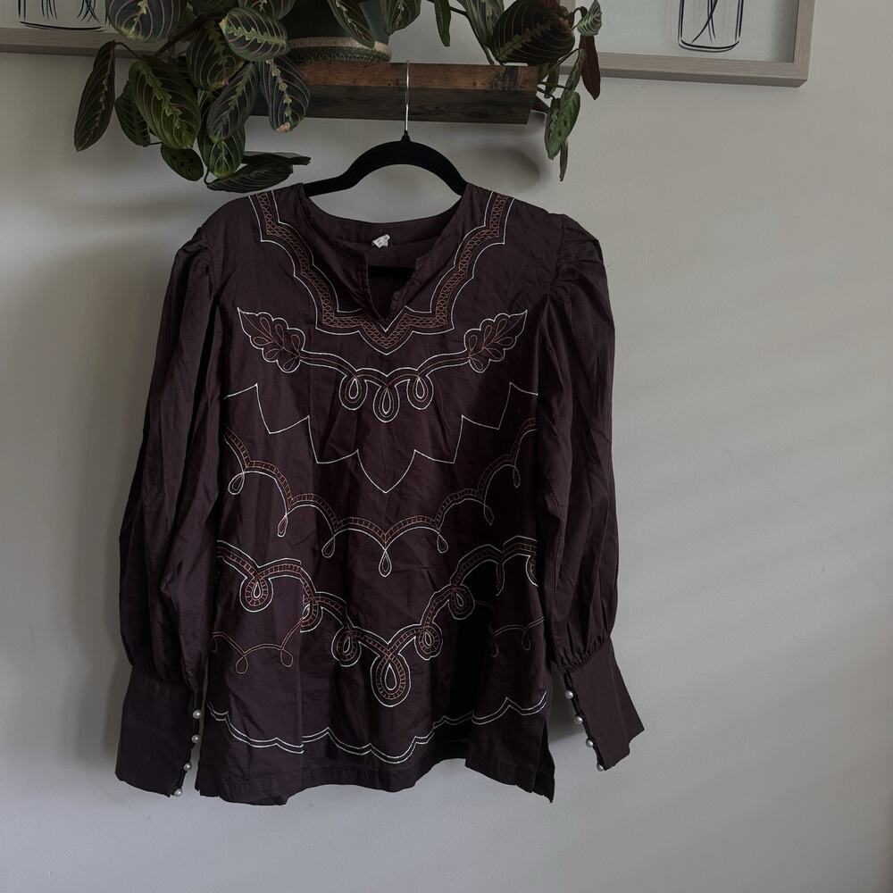 Nishat Embroidered Puff Sleeve Tunic Blouse Brown Pearl Cuff Top